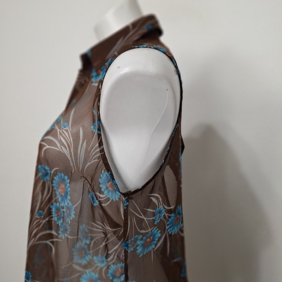Cecico Sheer Brown Floral Academia Collared Button Down Hi-Lo Hem Top Size L - Picture 6 of 14